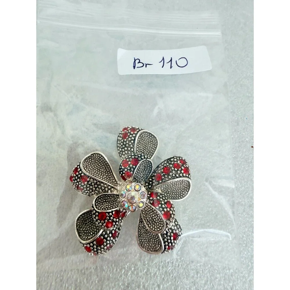 Vintage Silver Tone Textured Flower Brooch Pin Red AB Rhinestone Center